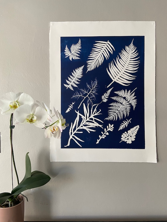 Blue Ferns wall art, hand pressed botanicals from ferns and leaves, Blue botanical monoprint, 18x24 inch botanicals, Fern wall art