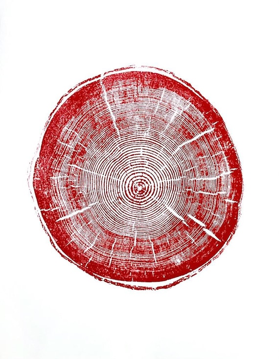 Big Cottonwood Canyon, Red Tree Ring Print, Woodcut, Utah Art, Botanical Print, arborist art gift, Dendrology, Hand pressed