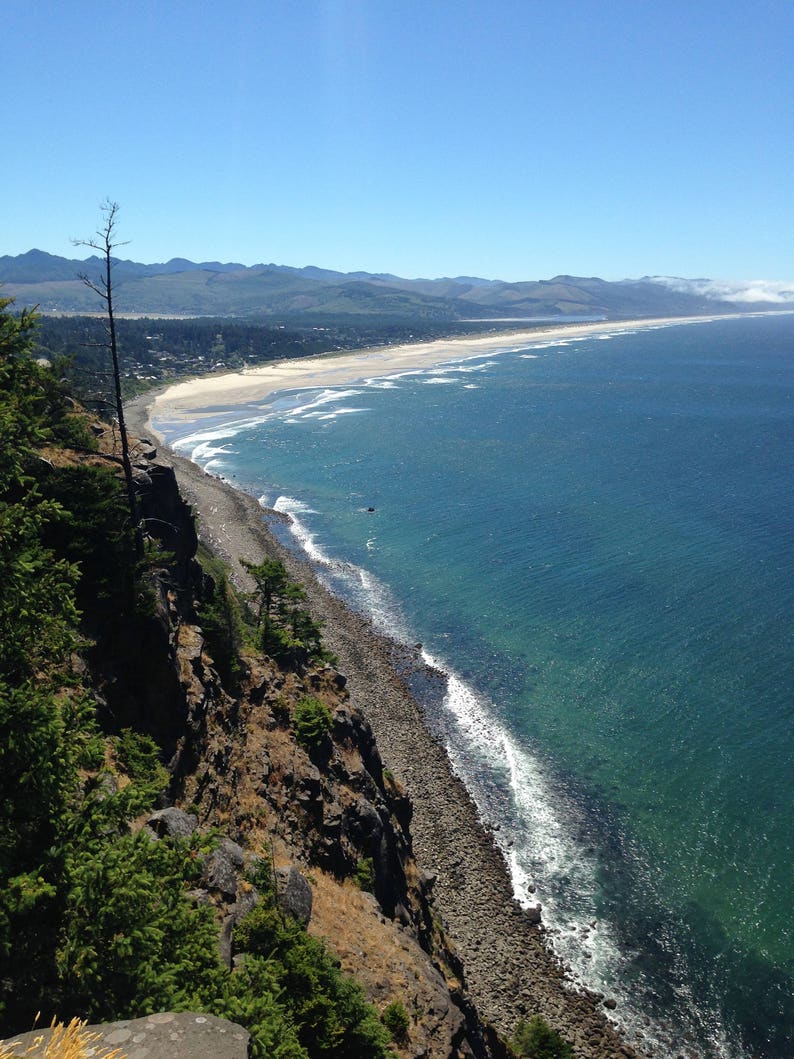 May include: A panoramic view of a rocky coastline with a sandy beach and turquoise ocean water. The coastline is covered in green trees and shrubs. The sky is a clear blue.
