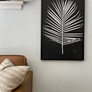 May include: A black and white framed print of a palm leaf on a black background. The print is hanging on a white wall.
