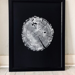 May include: A black framed print of a white tree ring on a black background.