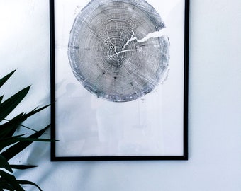 Crater Lake art, Oregon Print, Tree ring print, Woodcut print, Wood Wall art, Sacred Geometry, Forestry, National Parks, Signed Original