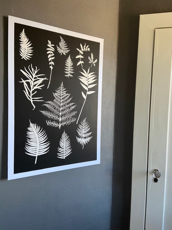 Fern wall art, hand pressed botanicals from ferns and leaves, Black botanical monoprint, 24x36 inch botanicals, Fern wall art, collage