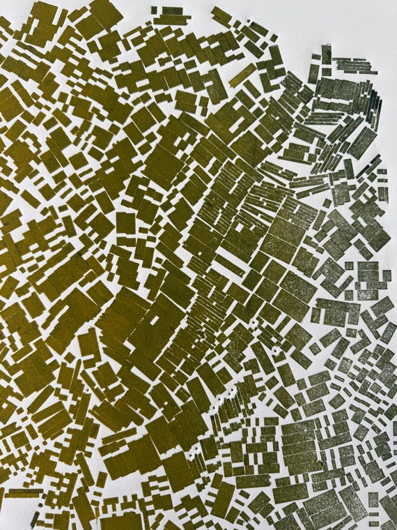 A Mess from a Mole Hill, Abstract monotype print, letter type blocks, Abstract Art