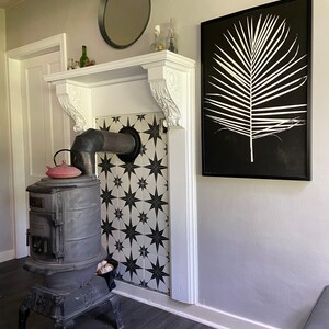 May include: A black wood-burning stove with a red teapot on top, set against a white and black tiled wall. A black framed print of a white palm leaf hangs on the wall above the stove.