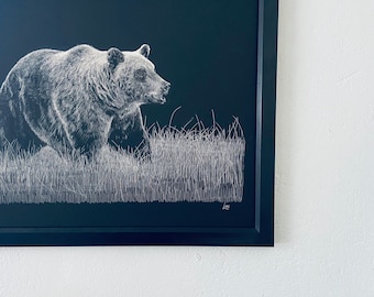 Etching of a Bear, 18x24 inch giclee print, Bear art, Yellowstone Bear, Yellowstone bear art, Etching by Erik Linton
