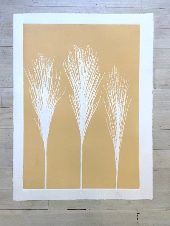 Reed Grass Botanical Monoprint on Gold, One of a Kind Limited Print, 22x30 inches
