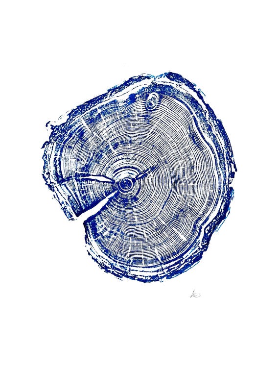 Blue Tree Ring Print, Utah Art, Tree Ring Print, Woodcut print, Wood Slice wall art