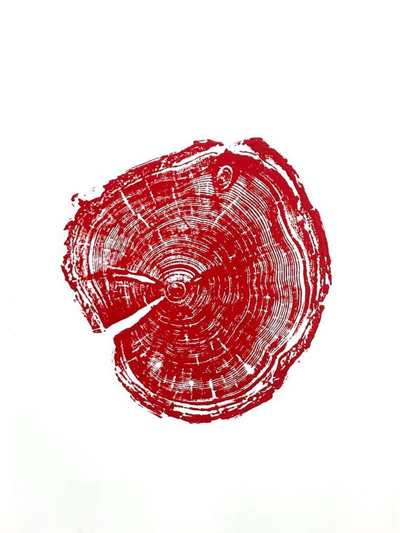Red Tree Ring Print, Utah Art, Tree Ring Print, Woodcut print, Wood Slice wall art