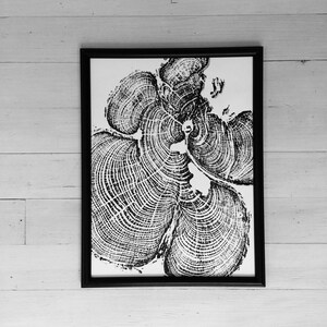 May include: Black and white print of tree rings in a wood grain pattern, framed in a black frame.