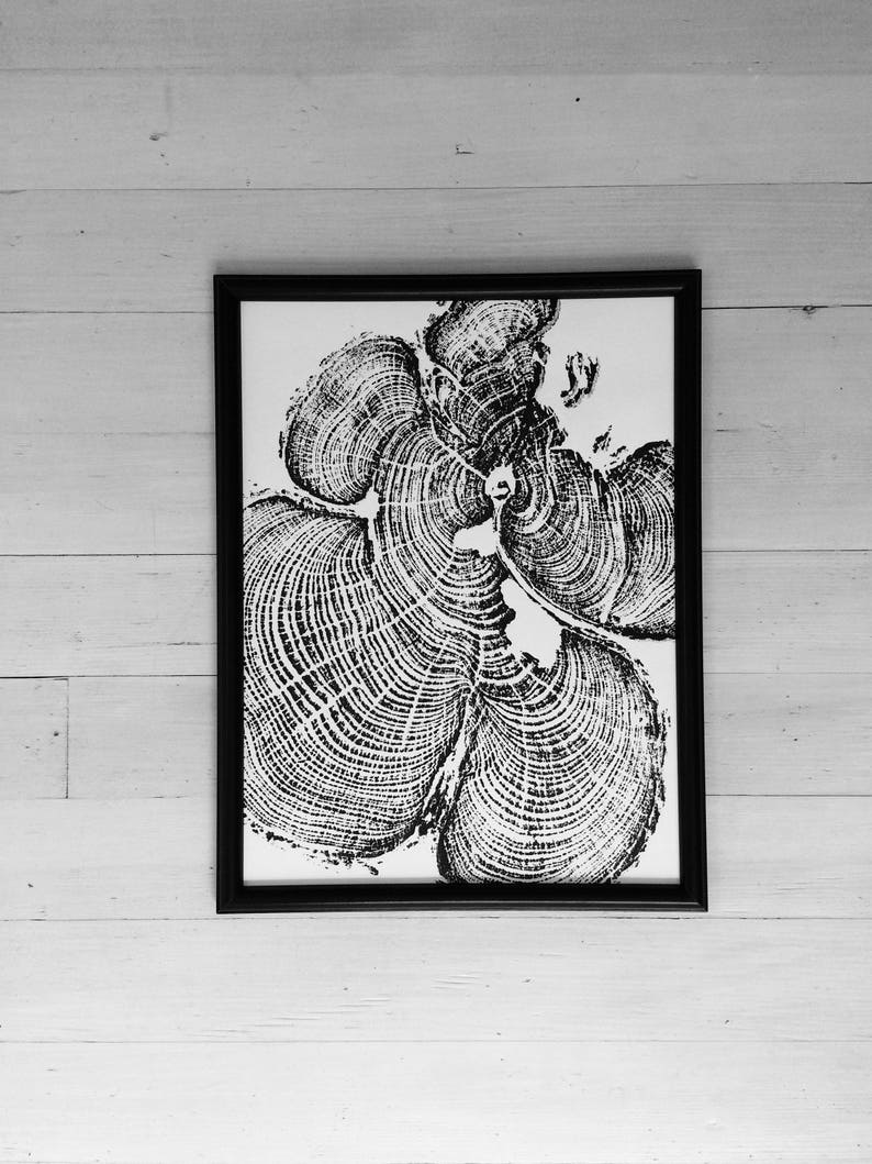May include: Black and white print of tree rings in a wood grain pattern, framed in a black frame.