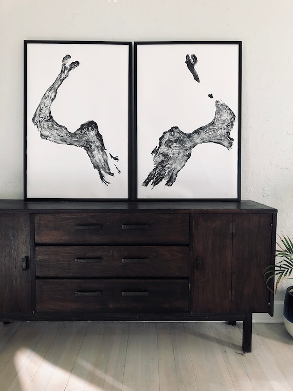 Illinois Tree Roots, Set of Two 24x36 inch prints, Rorschach Test Art, Inkblot test art, Tree ring art print, handmade from real roots