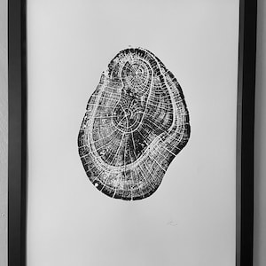 May include: Black and white print of a tree trunk cross-section, showing the rings of growth. The print is framed in a black frame.