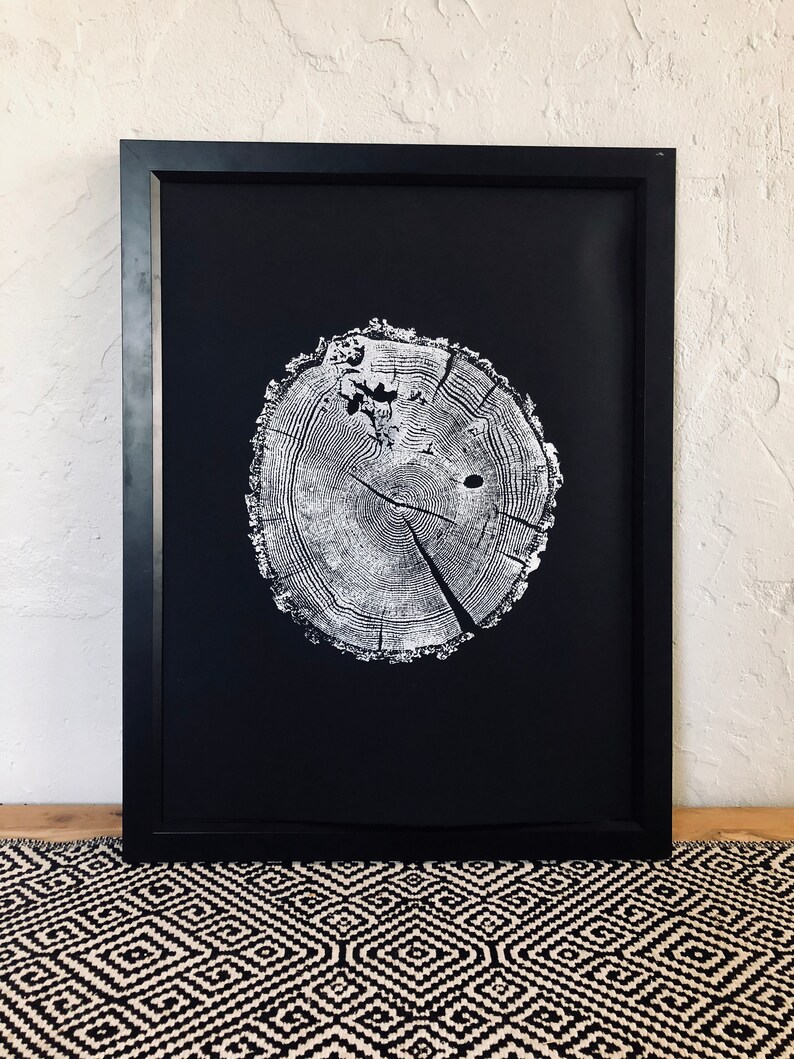 May include: Black and white print of a tree trunk cross section, showing the rings, in a black frame.