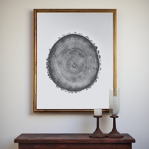 May include: A framed print of a black and white illustration of a tree trunk cross section. The print is in a gold frame and is hanging on a white wall.