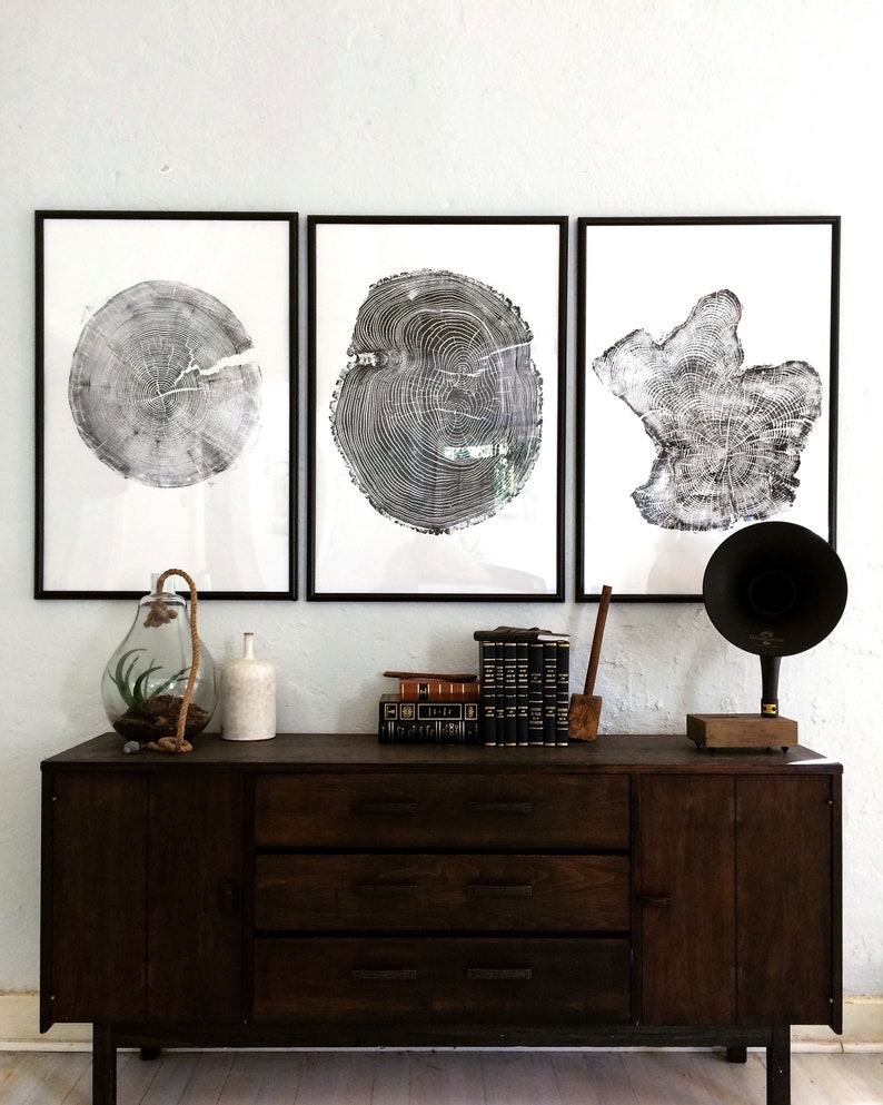 Tree rings Print, Three Panel Wall Art, Woodcut print, Lumber, Tree of Life, Sacred Geometry, Live Edge, Shabby Tree, Each 24x36 inches image 2