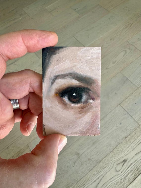 Small oil painting, miniature art, sargent study, classical realism, expressive eye, painting study, tiny artwork, master study, 2x3 inches