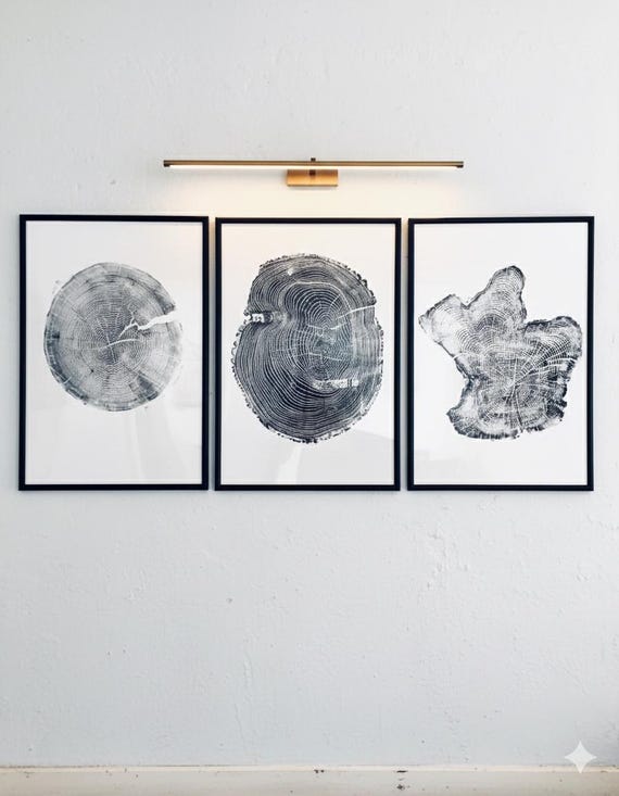 Tree rings Print, Three Panel Wall Art, Woodcut print, japandi art, Tree of Life, Sacred Geometry, Live Edge, Shabby Tree, Each 24x36 inches