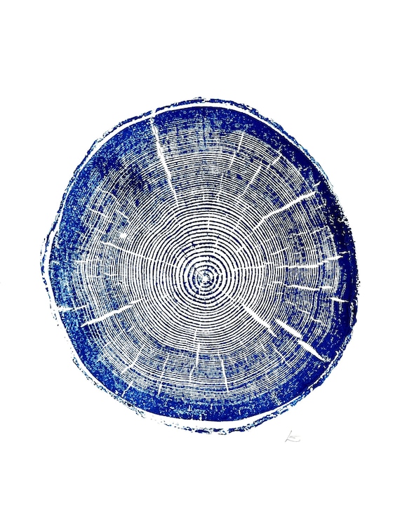 Big Cottonwood Canyon, Blue Tree Ring Print, Woodcut, Utah Art, Botanical Print, arborist art gift, Dendrology, Hand pressed