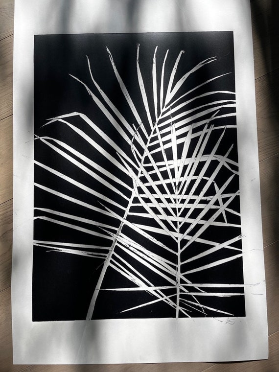 Palm Fronds, Black Botanical Print, Monotype, Coastal, Biology Art, Botanical Ephemera, Dried Plants, Signed Original 24x36 inches