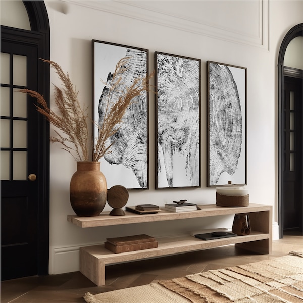 Conjunto de 3 secuoyas gigantes (3 de 24 x 52 pulgadas), impresión artística de anillos de árboles, arte mural enorme, impresión xilográfica, arte de secuoya, nudo de secuoya, arte Lodgecore