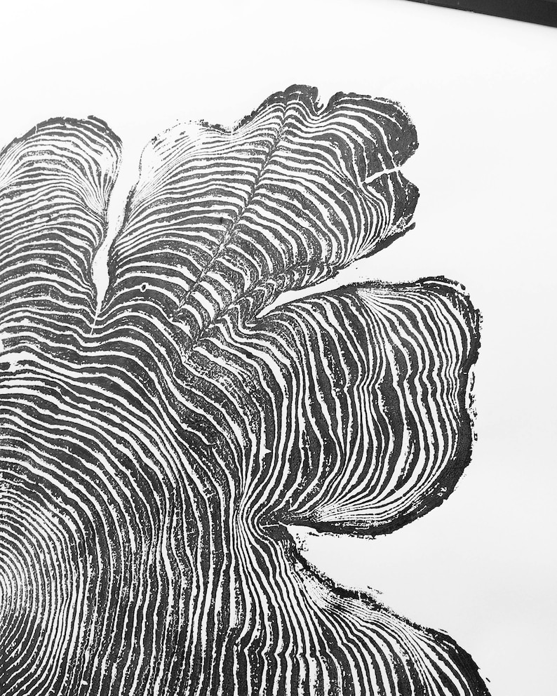 May include: Black and white abstract print of a stylized leaf with a textured, wavy pattern.