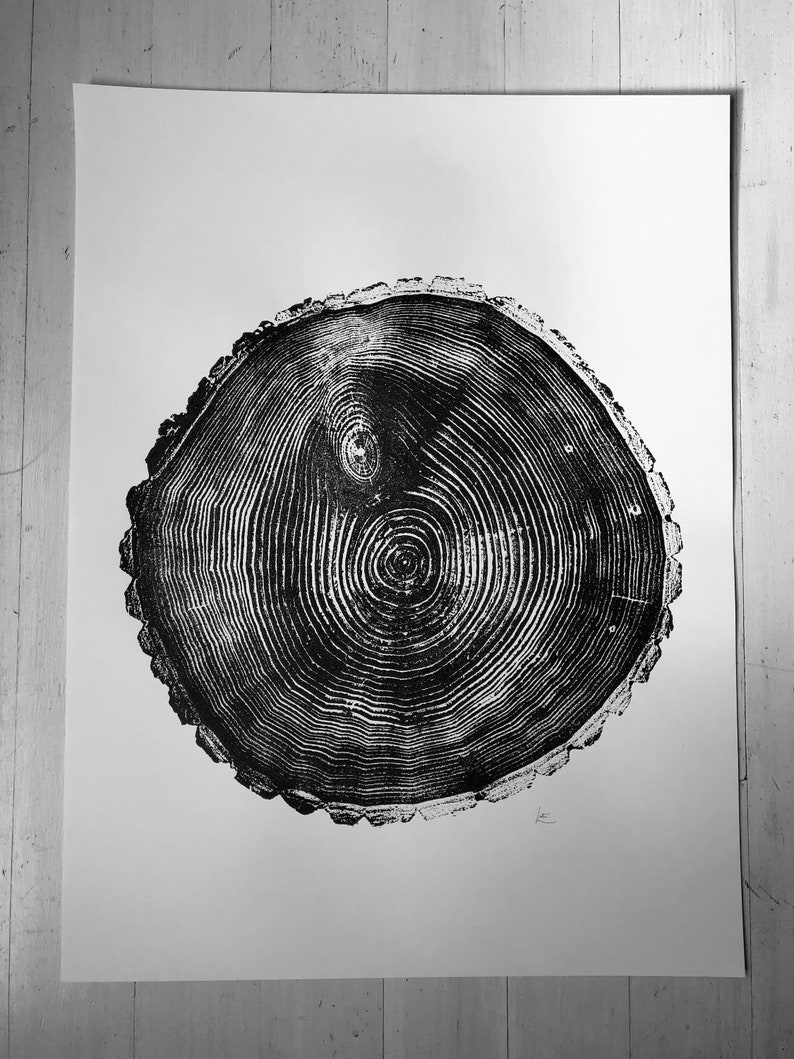 May include: Black and white print of a tree trunk cross-section, showing the rings of growth. The print is on a white background.