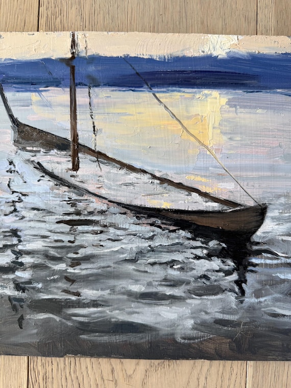 boat painting, oil painting, small seascape, impressionist art, nautical decor, ocean painting, coastal wall art