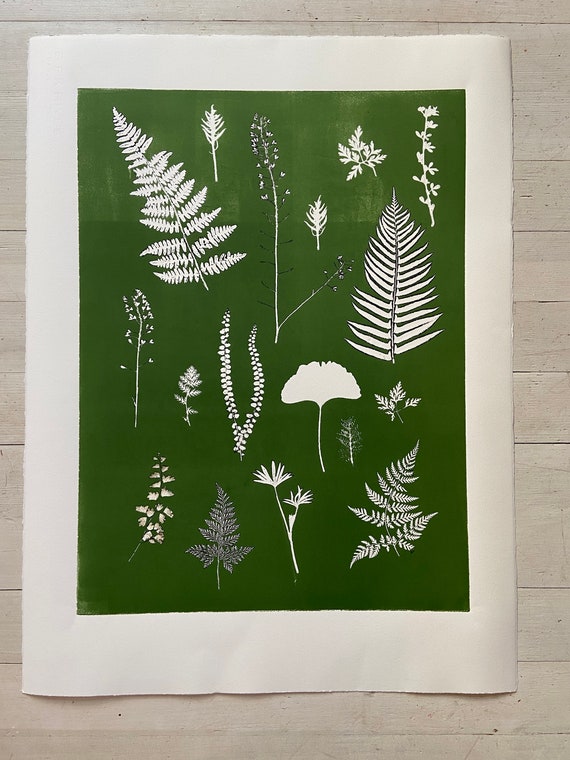Green botanical print monotype, Large floral wall art, Biology art, pressed botanicals