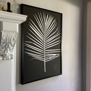 May include: Black and white framed print of a single palm leaf on a black background.