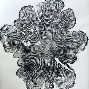 May include: Black and white print of a tree trunk cross-section, showing the rings of growth. The rings are arranged in a circular pattern, with the center of the trunk at the center of the image. The print is on a white background.