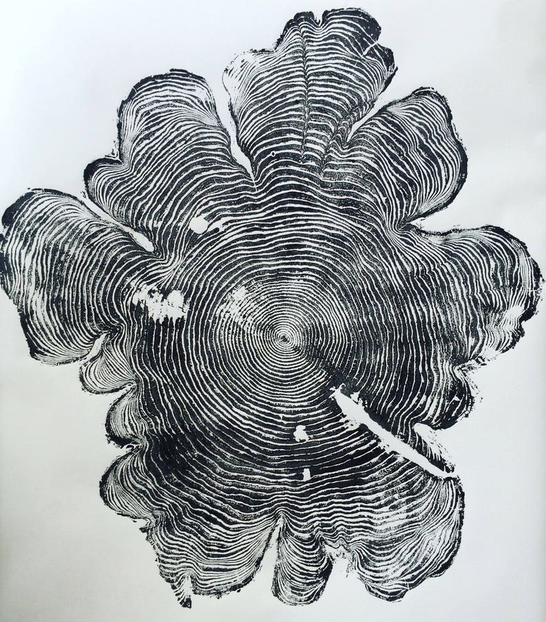 May include: Black and white print of a tree trunk cross-section, showing the rings of growth. The rings are arranged in a circular pattern, with the center of the trunk at the center of the image. The print is on a white background.
