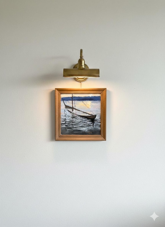 Small Oil Painting: Sunset Boat Seascape, Impressionist Coastal Art