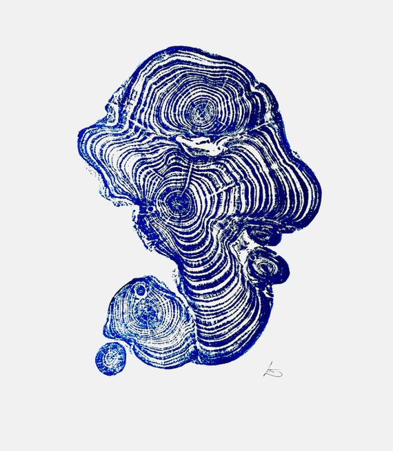 Cypress from Ireland, Blue Tree ring art print, Tree stump print, first anniversary gift, 18x24 inch woodcut, fifth anniversary gift,