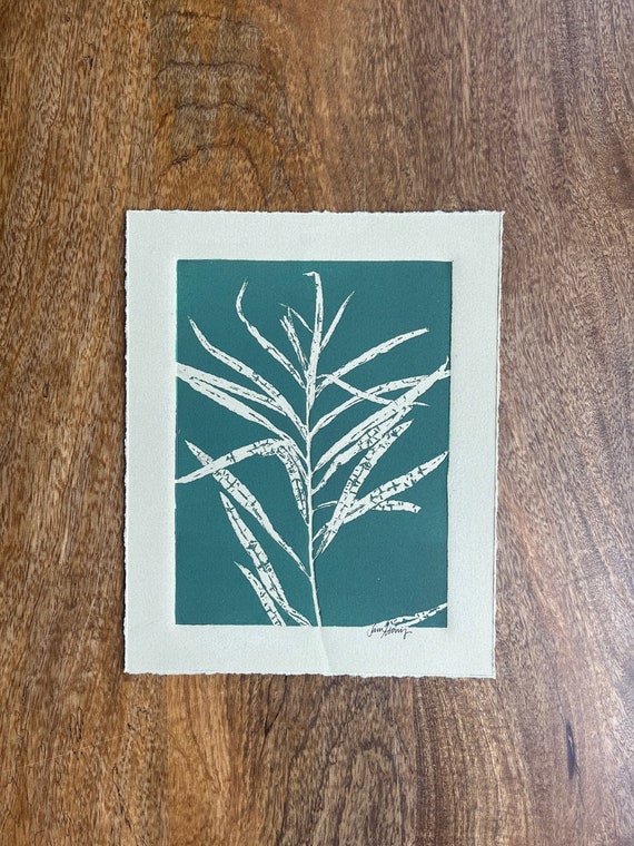 Desert Willow Leaves, Dark Green on Toned Paper, Monotype, Botanical Wall Art, Pressed plants, Botanical Ephemera, Signed Original 8x10 in