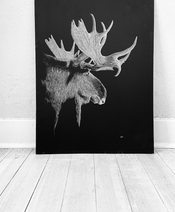 Etching of a Moose, 18x24 inch giclee print, Moose art, Yellowstone Moose, Yellowstone Moose art, Etching by Erik Linton