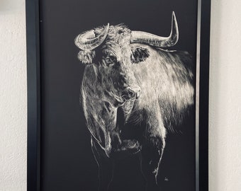 Etching of a Bull, 18x24 inch giclee print, Bull art, Animal art print, Cow art, Steer art, Etching by Erik Linton