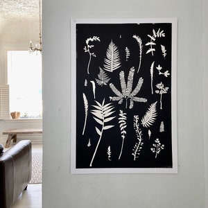 Botanical wall art, hand pressed botanicals from ferns and leaves, Black botanical monoprint, 24x36 inch botanicals, Fern wall art, collage