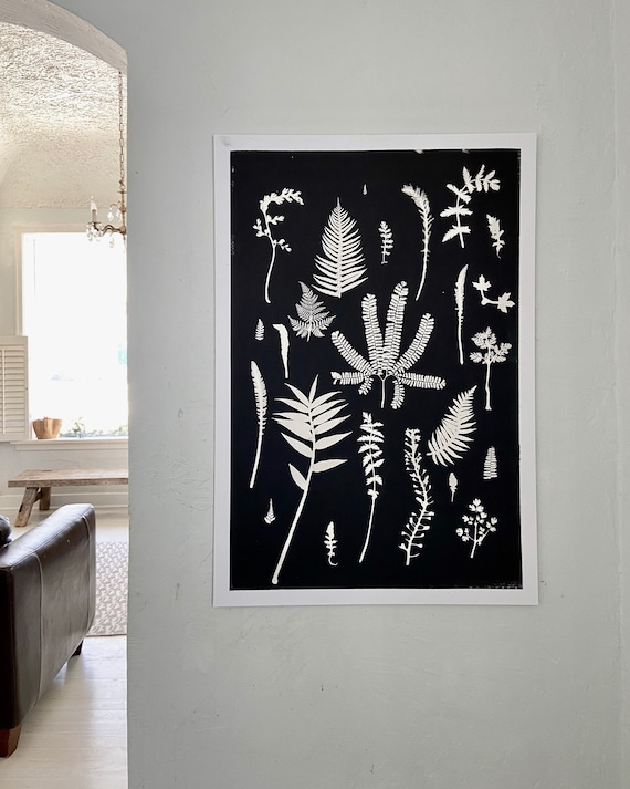 Botanical wall art, hand pressed botanicals from ferns and leaves, Black botanical monoprint, 24x36 inch botanicals, Fern wall art, collage