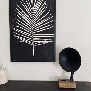 May include: A framed black and white print of a palm leaf with a vintage gramophone speaker on a dark wood surface.