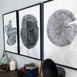 Tree rings Print, Three Panel Wall Art, Woodcut print, Lumber, Tree of Life, Sacred Geometry, Live Edge, Shabby Tree, Each 24x36 inches