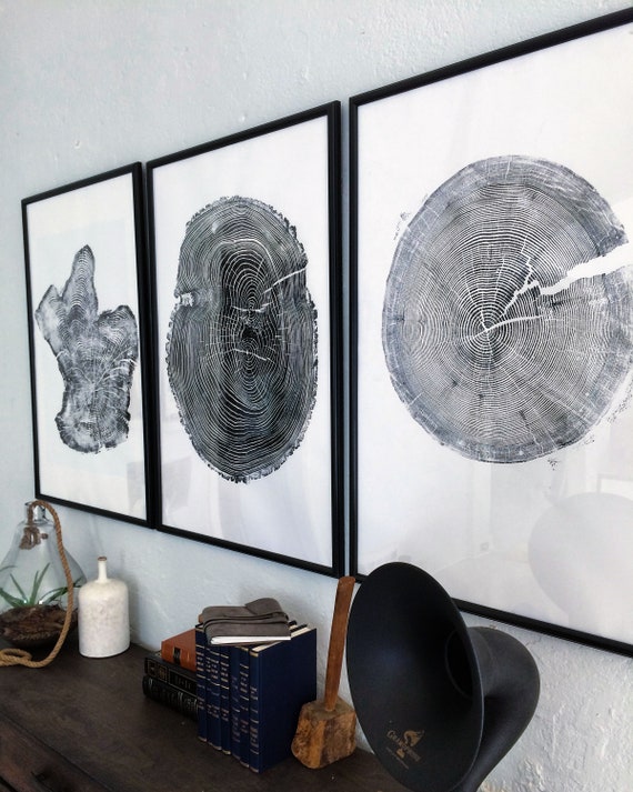 Tree rings Print, Three Panel Wall Art, Woodcut print, Lumber, Tree of Life, Sacred Geometry, Live Edge, Shabby Tree, Each 24x36 inches