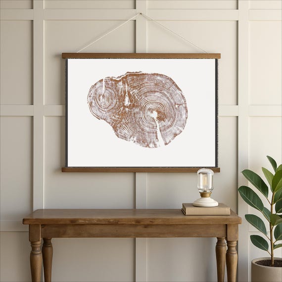 Puget Sound, Brown, Seattle Art, Tree Ring Print, Woodcut print, Shabby Tree