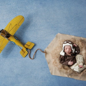 May include: A newborn baby wearing a brown aviator jacket and a pilot hat with goggles sleeps in a brown nest-like prop. A yellow toy airplane is attached to the nest with twine.