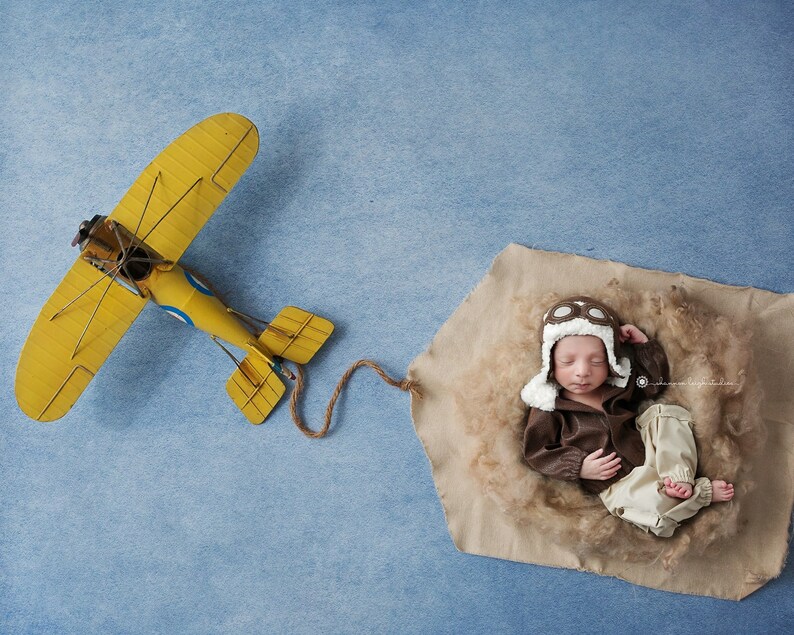 May include: A newborn baby wearing a brown aviator jacket and a pilot hat with goggles sleeps in a brown nest-like prop. A yellow toy airplane is attached to the nest with twine.