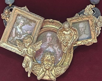 Marie Antoinette handmade necklace with custom gold picture frames in bib style design with gray rondelles and gold detail
