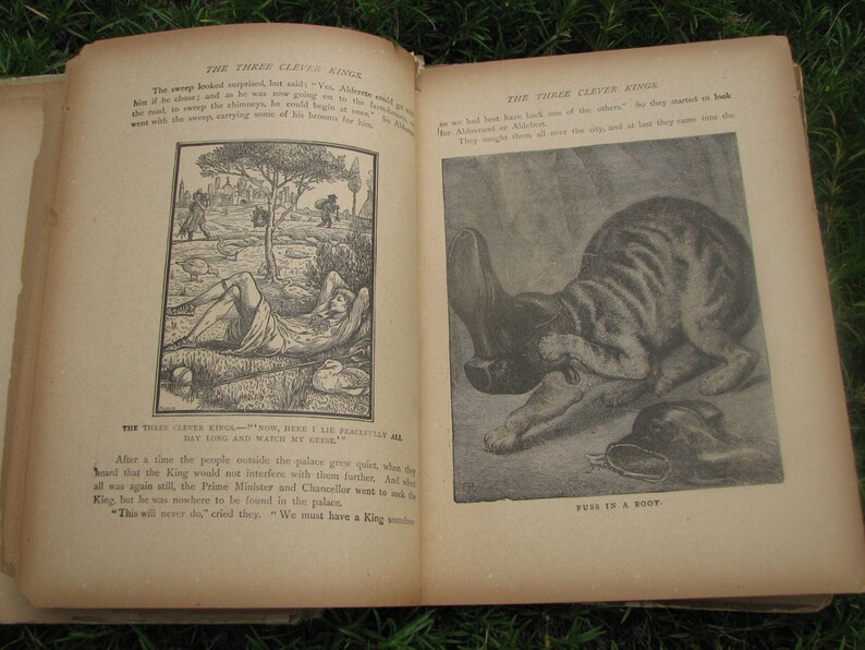 May include: An open book with black and white illustrations. The book is titled "The Three Clever Kings". The illustrations depict a man lying down under a tree and a cat with a boot.