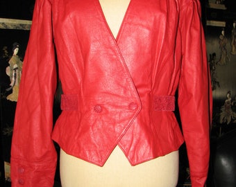 1980s Leather Jacket - Cropped - Red - Size M/L - Free shipping US