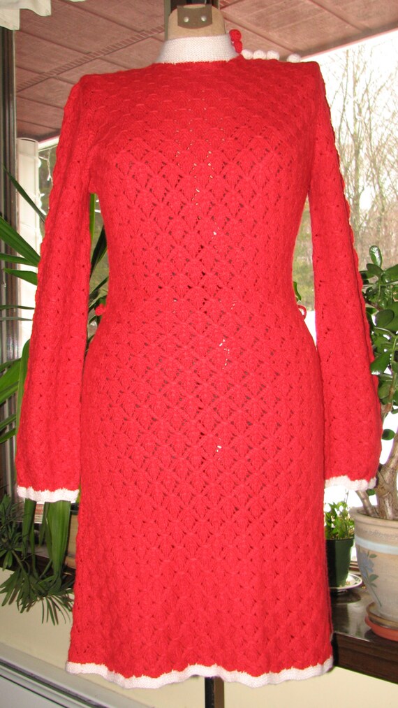 Vintage Hand knittted dress - Scarlet Red Dress -… - image 2