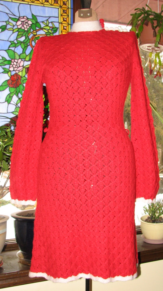 Vintage Hand knittted dress - Scarlet Red Dress -… - image 3